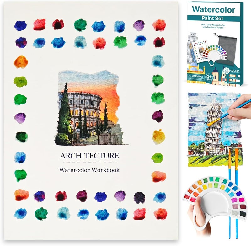 DPDPPL Watercolor Workbook & Water Coloring Book, 13 Pages 300GSM Paper, 26-Color Watercolor Paint Set with Brush & Storage Bag, Beginner-Friendly Coloring Book for Adults — Scenic Architecture Theme - Image 1
